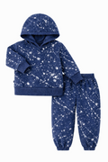 Blue splatter paint hoodie and pants set on a white background