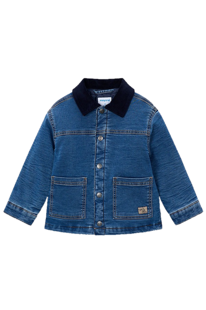 Blue denim jacket with black collar on a white background