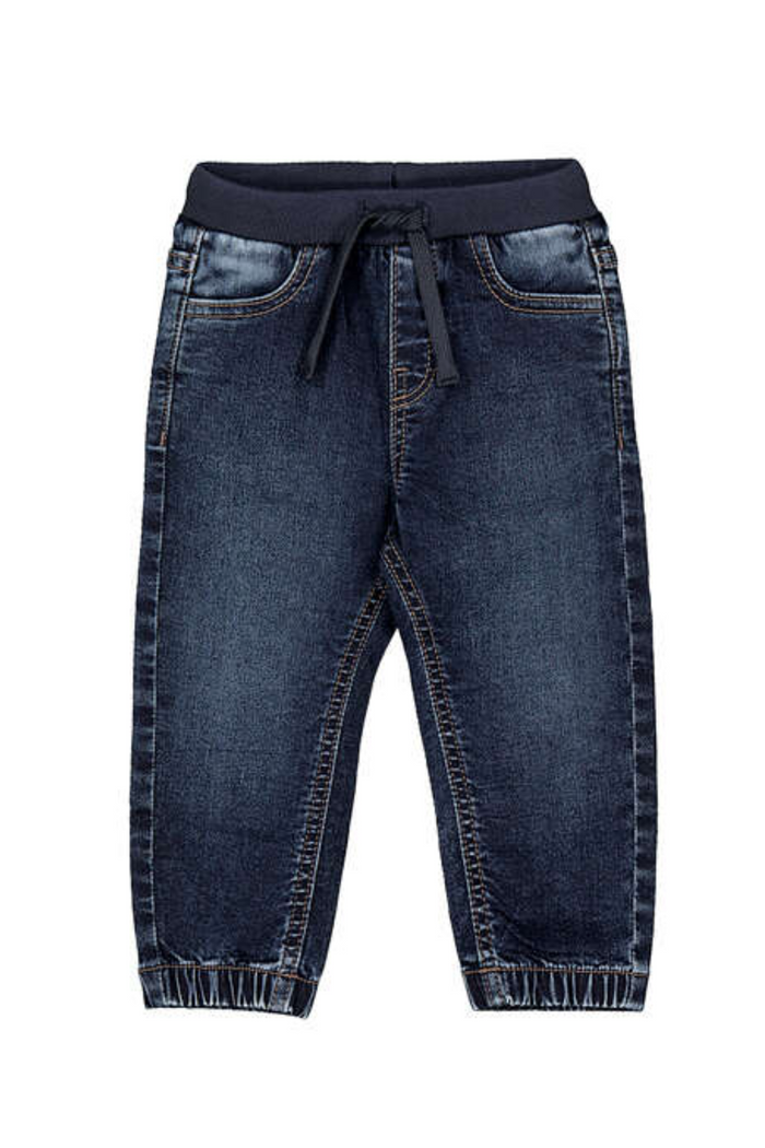 Dark blue jeans with a drawstring on a white background