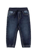 Dark blue jeans with a drawstring on a white background