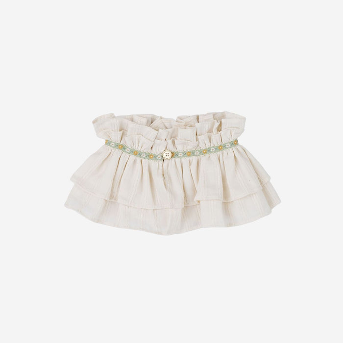cream neck cuff with ruffles and a button on a white background