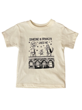 Beige t-shirt with black graphic design and text on a white background