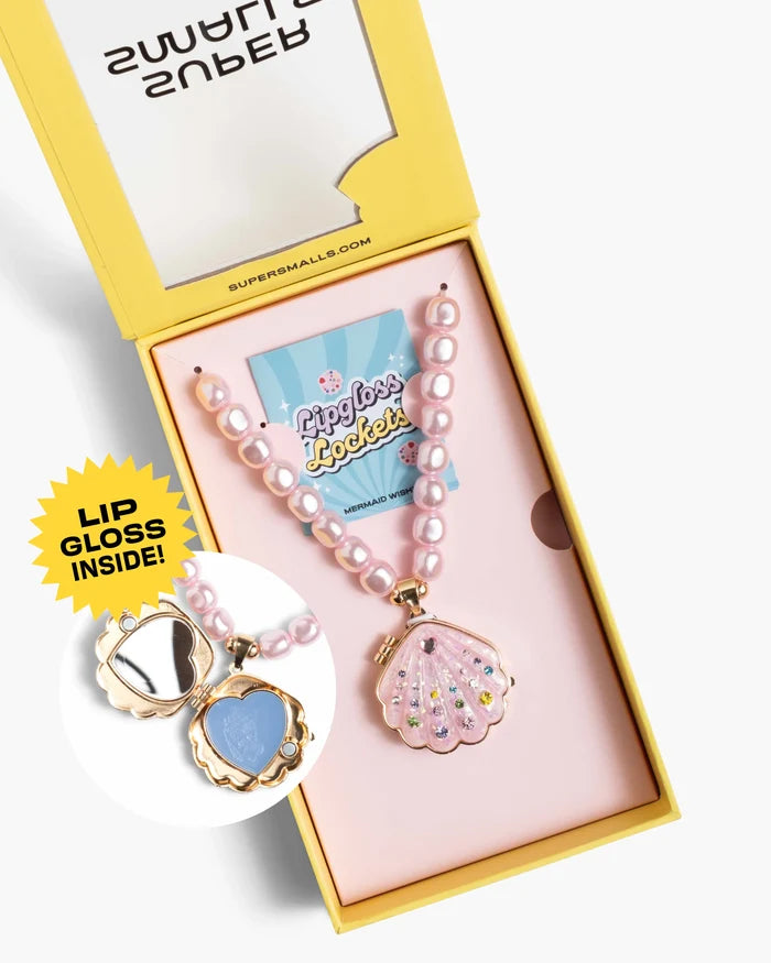 Pink shell-shaped lip gloss with mirror and beads in a box, featuring 'SuperMalls' branding.