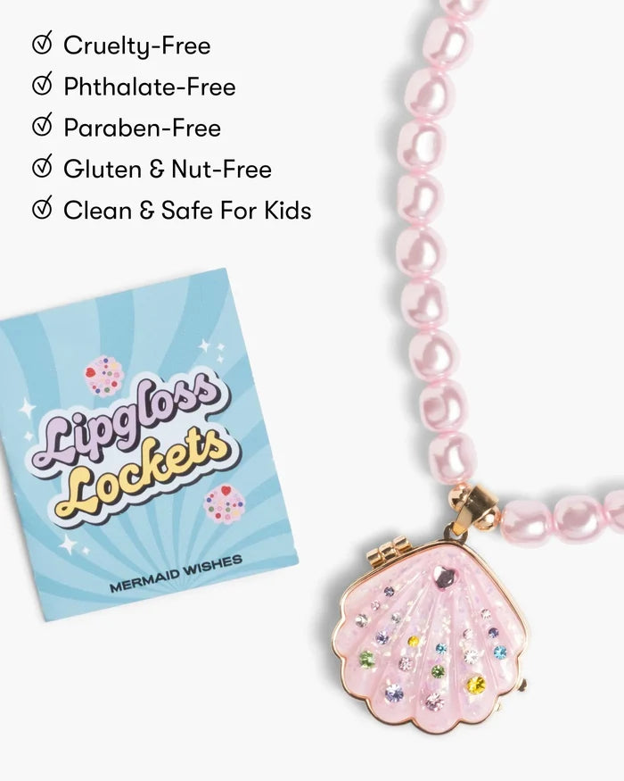 Pink beaded necklace with a shell pendant next to a Lipposs Lockets packaging on a white background.