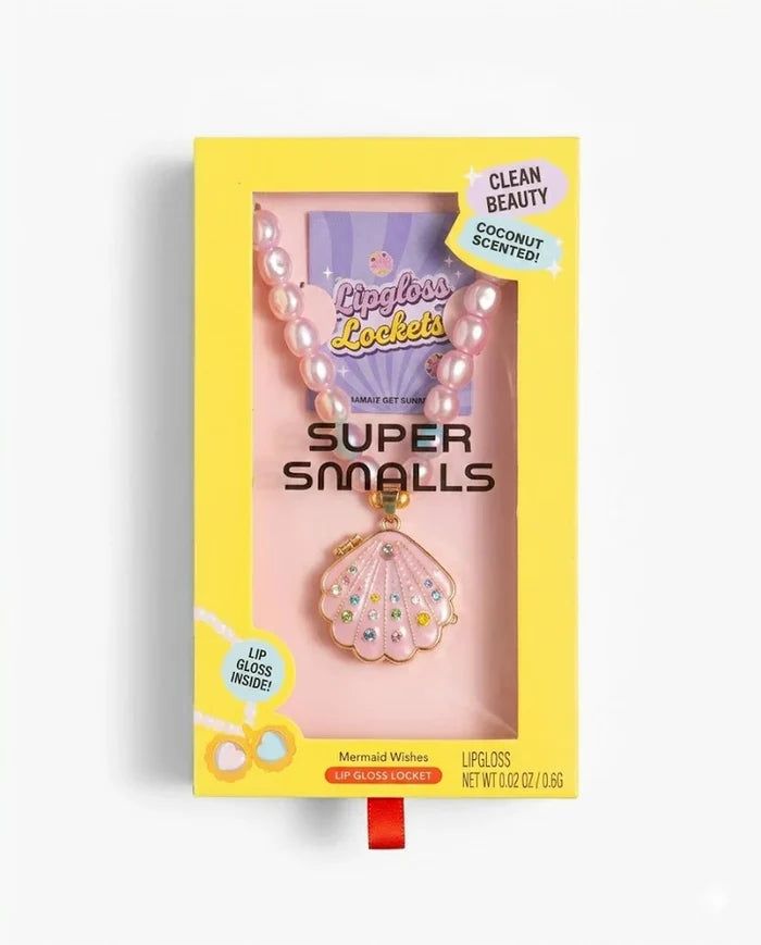 Lip gloss with shell design in a 'Super Smalls' packaging on a white background