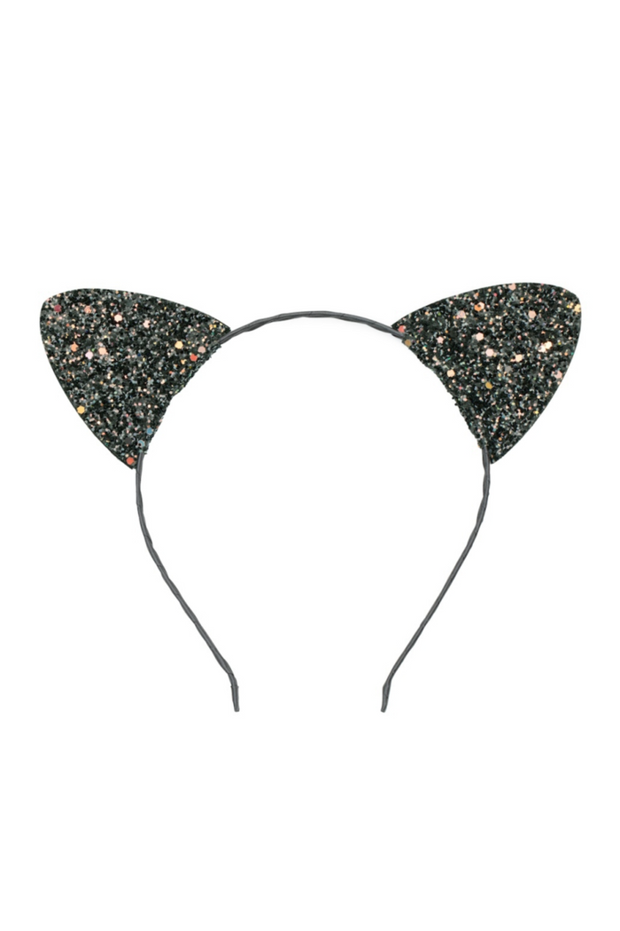 Black glitter cat ears headband on a solid white background.
