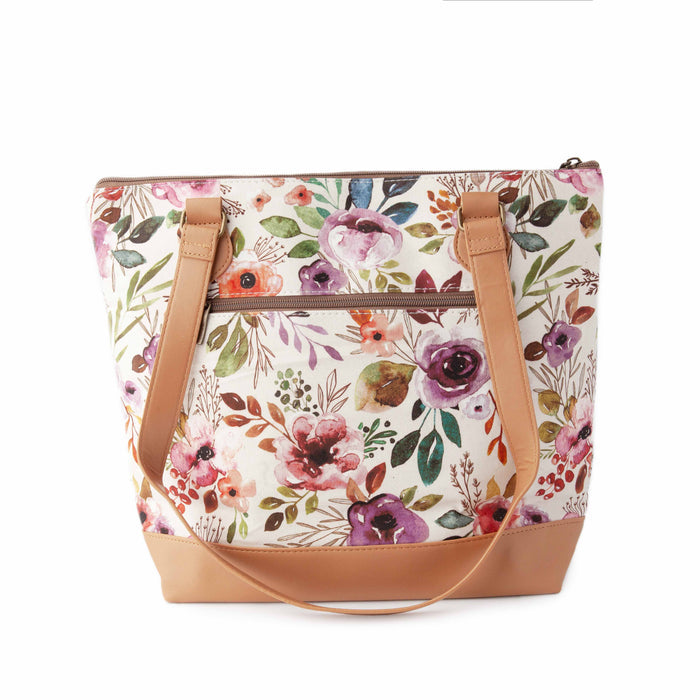 Spring Floral Mega Trinity Bag large zippered project bag showing spring flower fabric with tan faux leather trim and handles