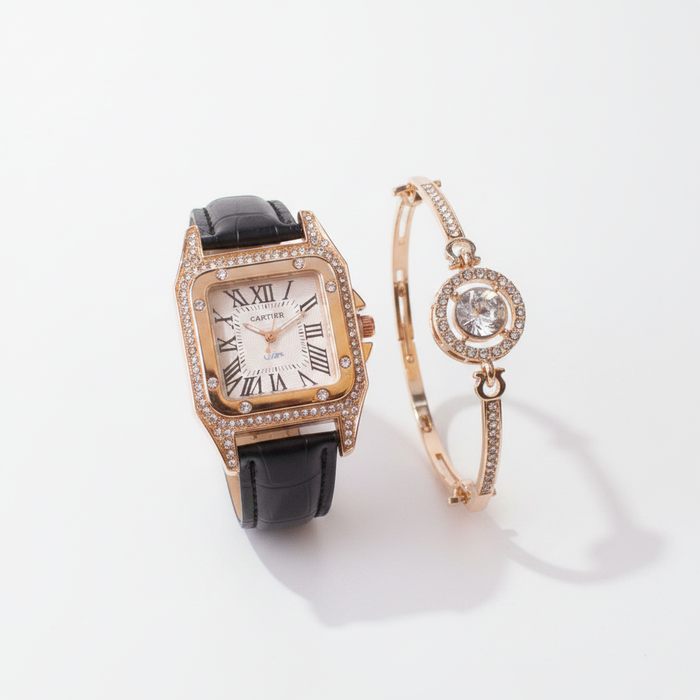 A sophisticated pairing of a rose gold-toned square watch with a crystal-embellished bezel and black leather strap, alongside a matching pavé-set halo bangle, reflecting a premium editorial aesthetic.