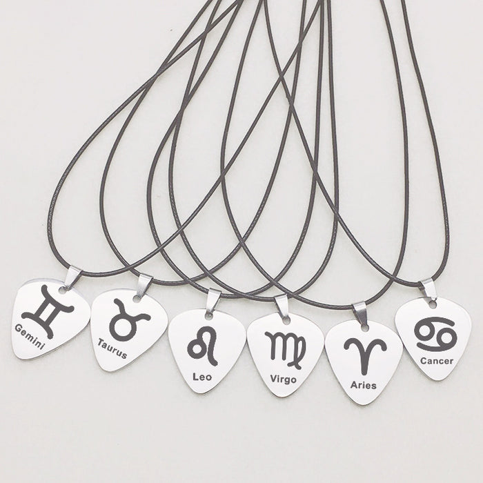 Stainless Steel Zodiac Guitar Pick Pendant Necklace | Engraved Astrology Jewelry