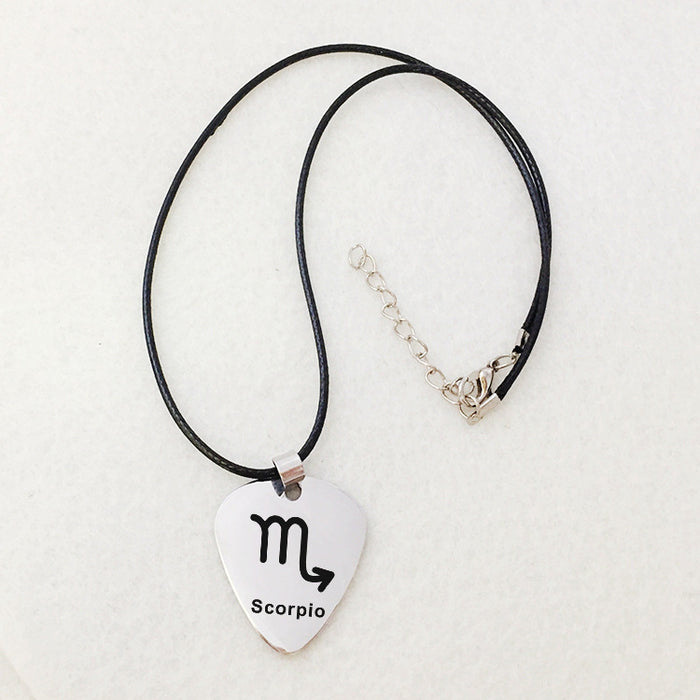 Stainless Steel Zodiac Guitar Pick Pendant Necklace | Engraved Astrology Jewelry
