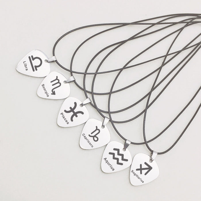 Stainless Steel Zodiac Guitar Pick Pendant Necklace | Engraved Astrology Jewelry