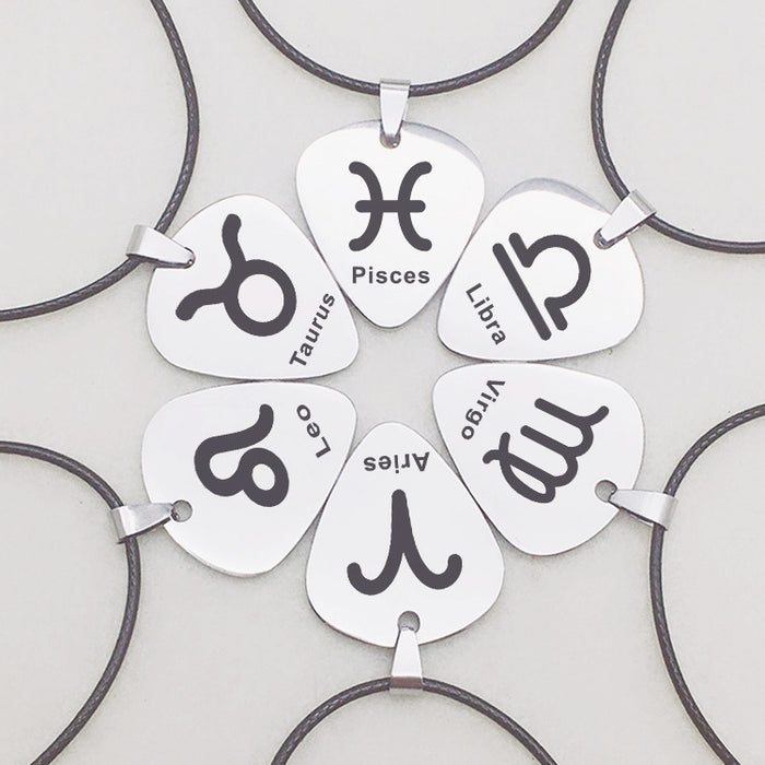 Stainless Steel Zodiac Guitar Pick Pendant Necklace | Engraved Astrology Jewelry