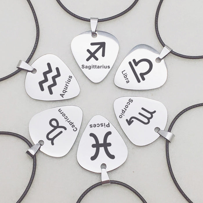 Stainless Steel Zodiac Guitar Pick Pendant Necklace | Engraved Astrology Jewelry