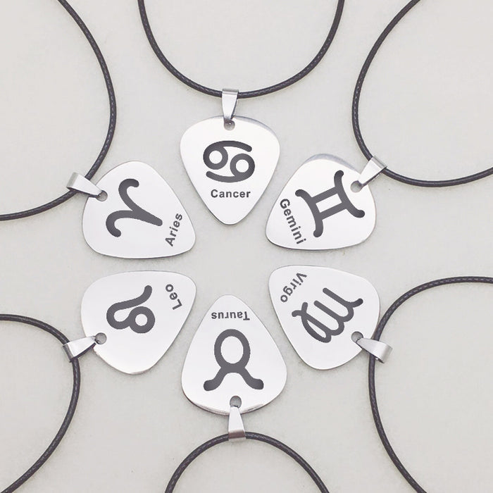Stainless Steel Zodiac Guitar Pick Pendant Necklace | Engraved Astrology Jewelry