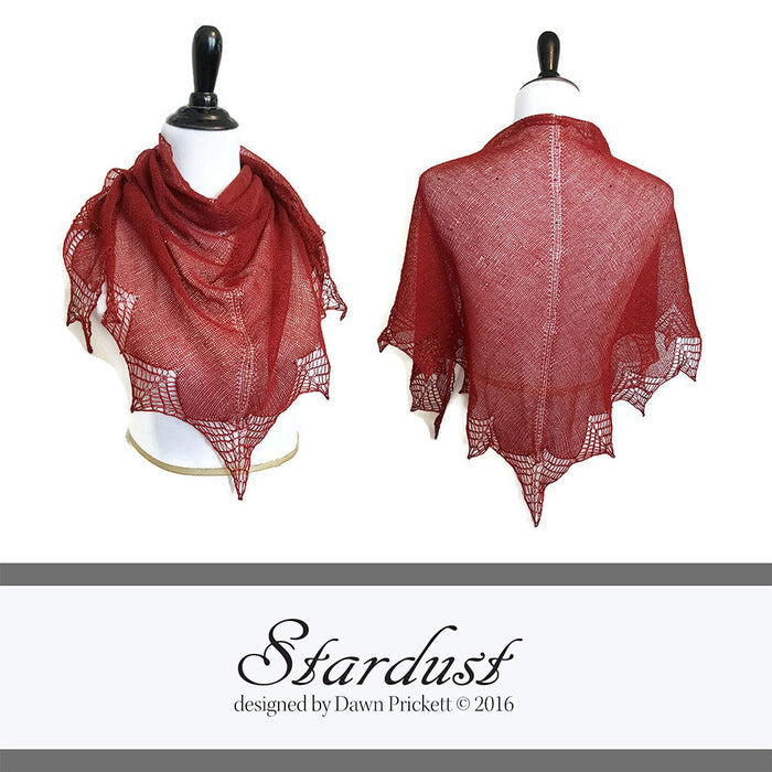 Stardust shawl by Dawn Prickett on dress form showing front drape and back view of deep red lace shawl with star point edging
