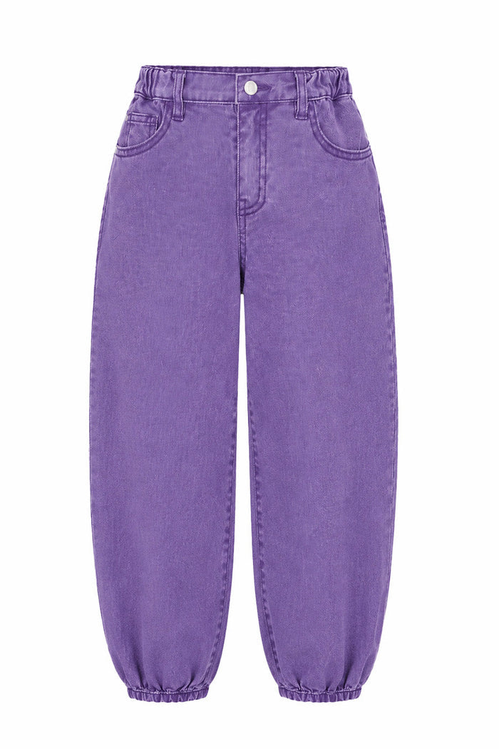 Purple high-waisted baggy jeans with elastic cuffed hems, shown against a plain white background.