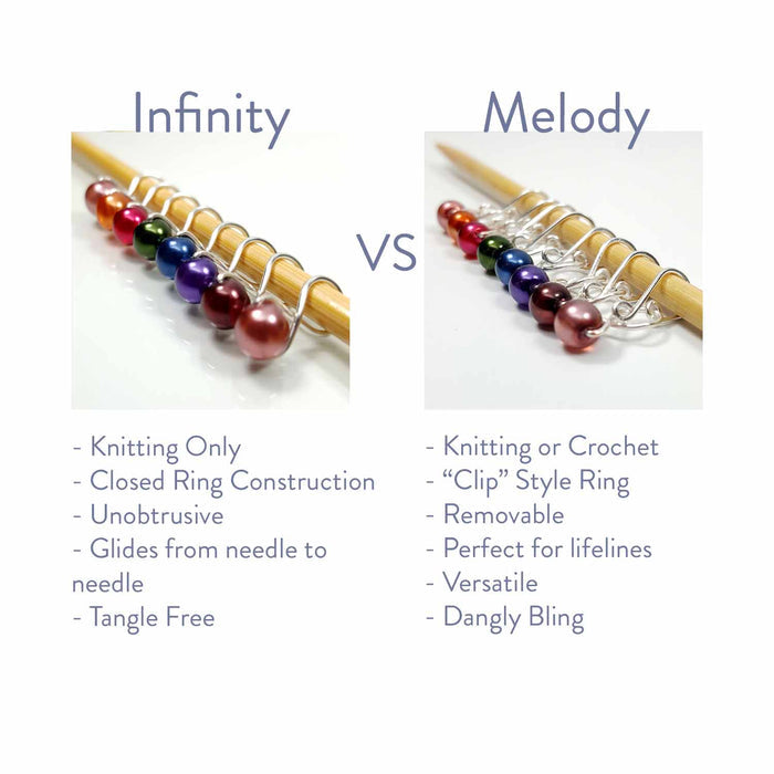 Comparison chart of Infinity vs Melody stitch marker styles showing features of closed ring knitting-only versus removable clip style