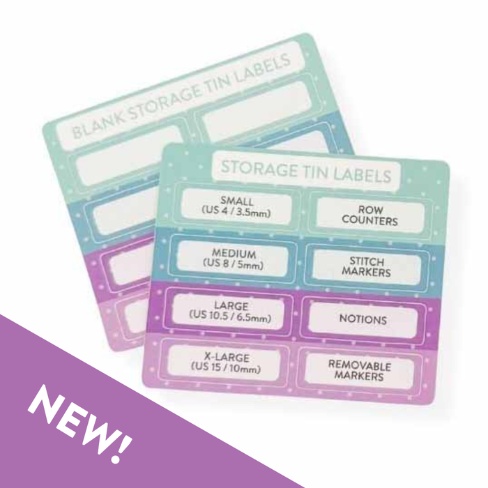 Close-up of two sticker sheets showing pre-printed storage tin labels with sizes Small through X-Large and categories like Row Counters and Stitch Markers plus a blank labels sheet in pastel gradient colors