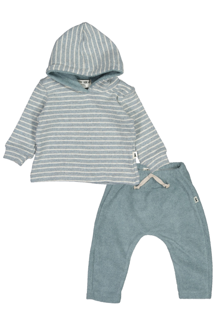 Children's outfit with striped hoodie and pants on a white background
