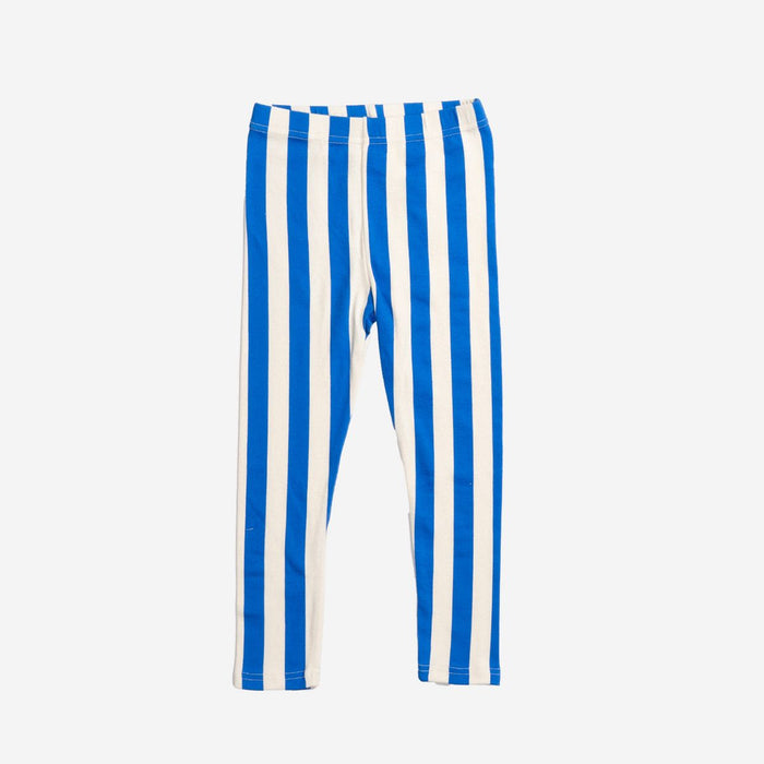 Blue and white striped leggings on a light gray background