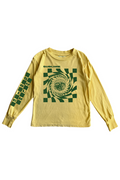 Yellow long-sleeve shirt with green graphic design on a white background