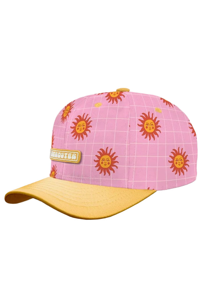 Pink cap with sun patterns and yellow brim