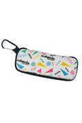 Pouch with geometric pattern and brand logo on a white background