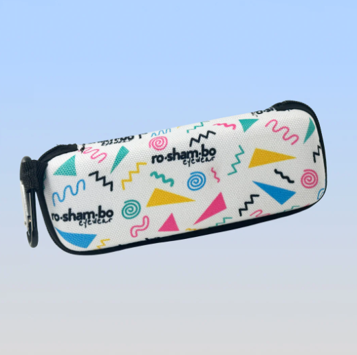 Colorful geometric patterned case with 'ro-sham-bo' branding on a light blue background