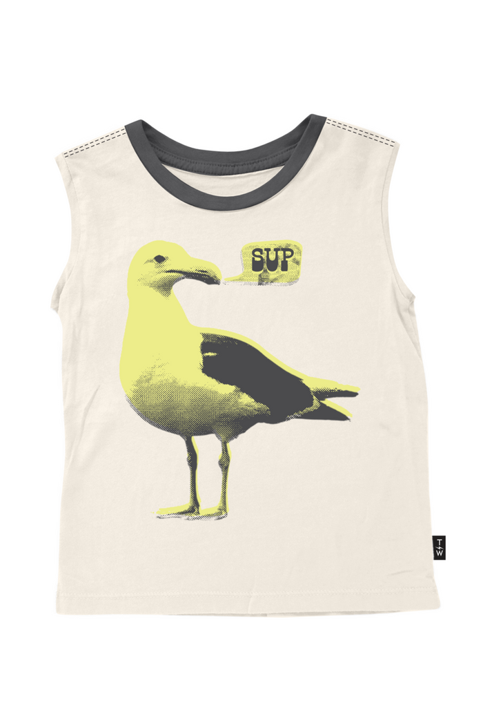 Beige tank top with a seagull graphic and 'SUP' text on a white background