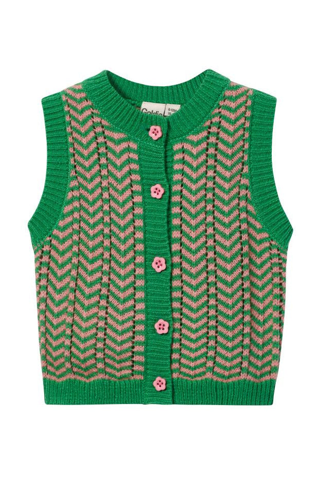 Green and pink patterned vest on a white background