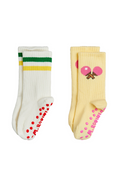 Two pairs of socks with colorful patterns on a white background