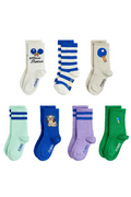 Set of colorful socks with cartoon characters and table tennis motifs on a white background