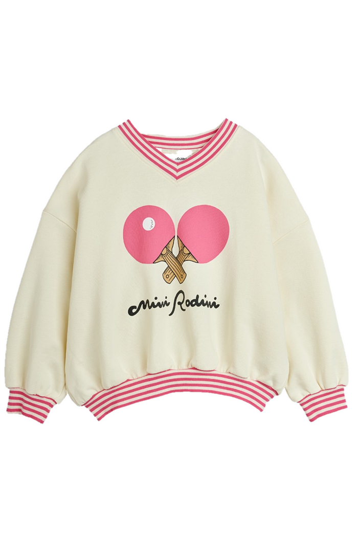Cream-colored sweatshirt with pink accents and a graphic design on a white background