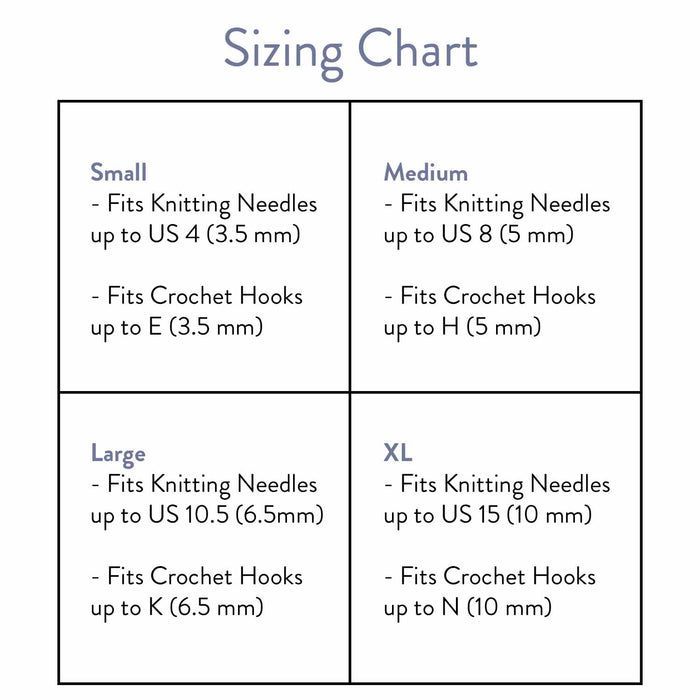 Row counter sizing chart showing Small through XL sizes for knitting needles US 4 to US 15 and crochet hooks E to N