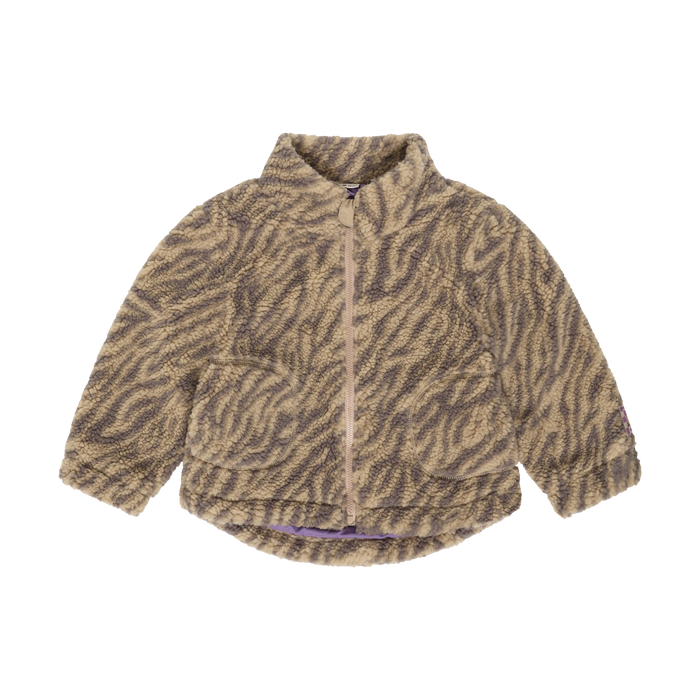 beige and brown zebra stripe sherpa jacket on white background