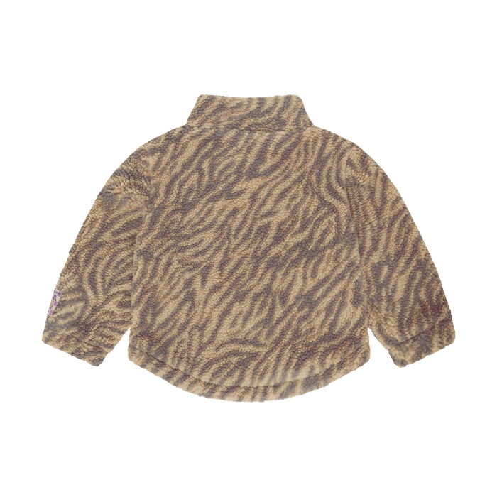 A children's fleece jacket with a brown and tan zebra stripe pattern, shown from the back against a plain white background.