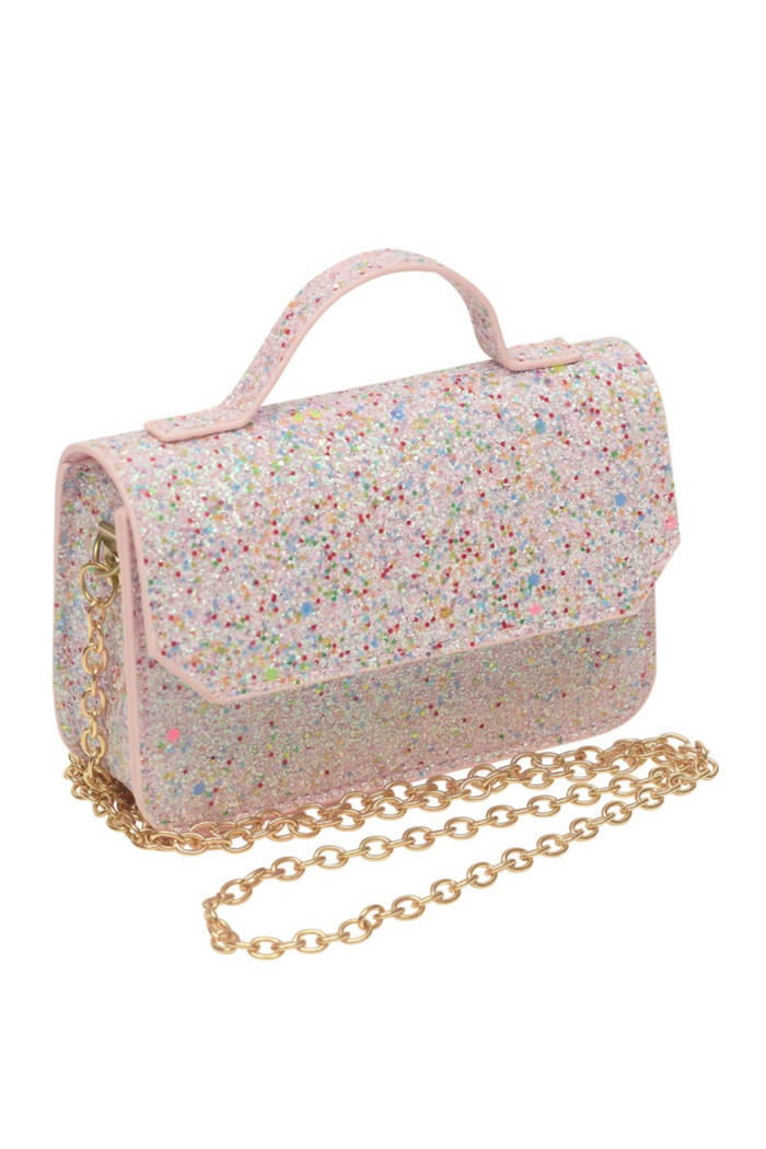 A small pink glittery handbag with a top handle and a gold chain strap, shown on a plain white background.