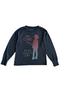 Navy long-sleeve shirt with 'The Cure' graphic and text on a white background