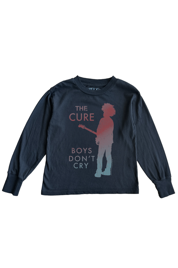 Navy long-sleeve shirt with 'The Cure' graphic and text on a white background
