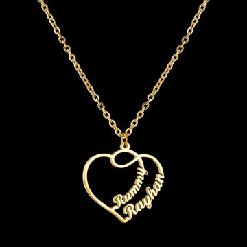 Gold personalized heart necklace with two custom names in script font, stainless steel custom jewelry gift.