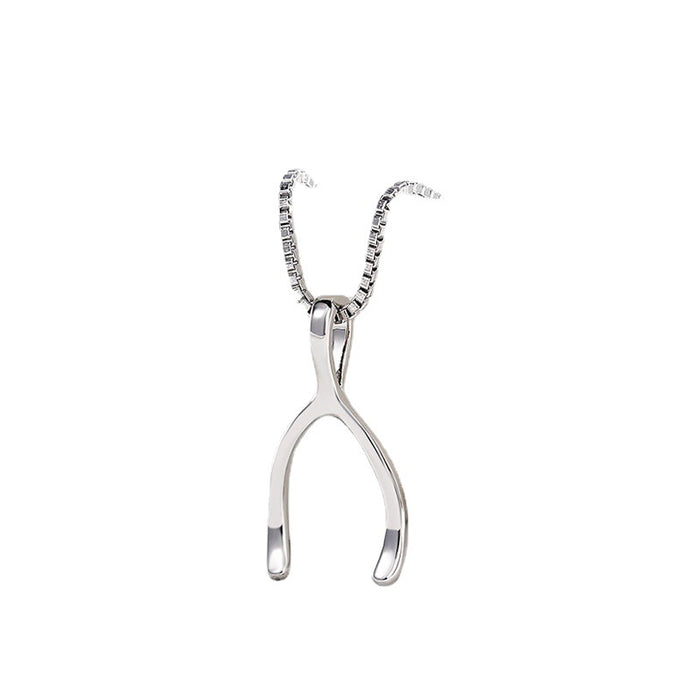 Polished silver wishbone pendant on a sleek box chain necklace, minimalist jewelry for women, white gold finish.