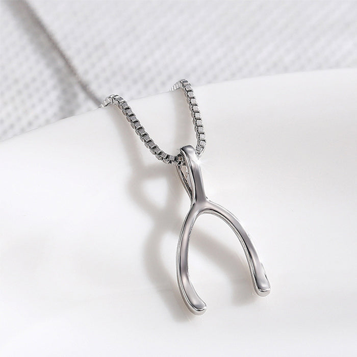 The Fortunate Arc – White Gold Plated Wishbone Necklace on Box Chain