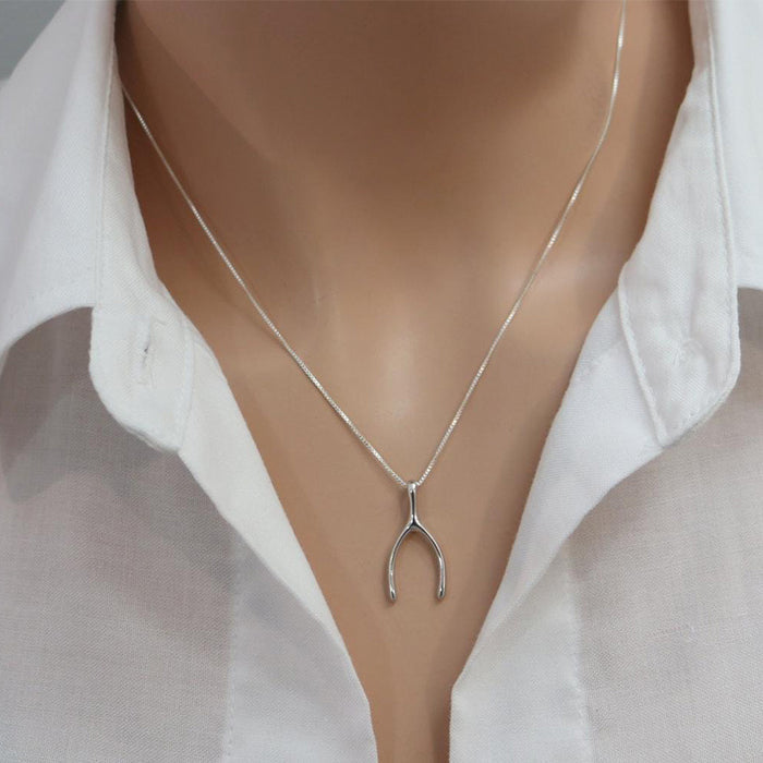 The Fortunate Arc – White Gold Plated Wishbone Necklace on Box Chain