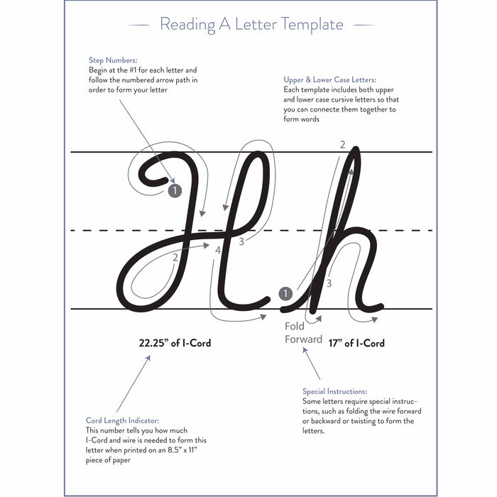 Sample letter template page showing cursive H with numbered steps, cord length measurements, and folding instructions