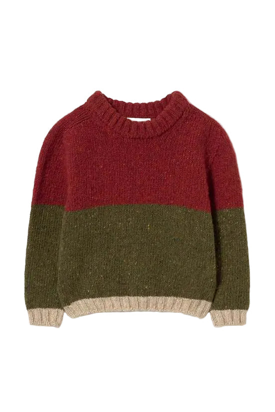 A colorblock knit sweater with a dark red upper body, an olive green lower body, and beige ribbed trim at the collar, cuffs, and hem.