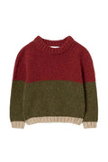 A colorblock knit sweater with a dark red upper body, an olive green lower body, and beige ribbed trim at the collar, cuffs, and hem.