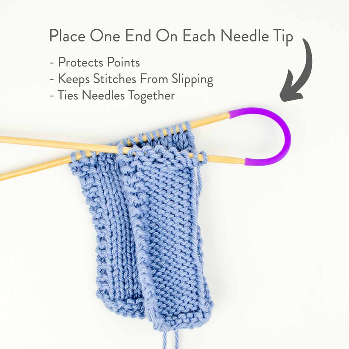 Tip Ties instructional diagram showing how to place one end on each needle tip to protect points and keep stitches from slipping