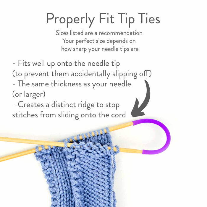 Properly Fit Tip Ties sizing guide explaining how to choose the right size based on needle thickness and tip sharpness