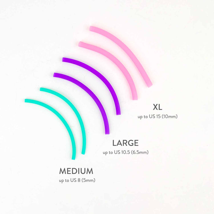 Three pairs of Tip Ties in teal, purple, and pink showing Medium, Large, and XL sizes with compatible needle sizes labeled