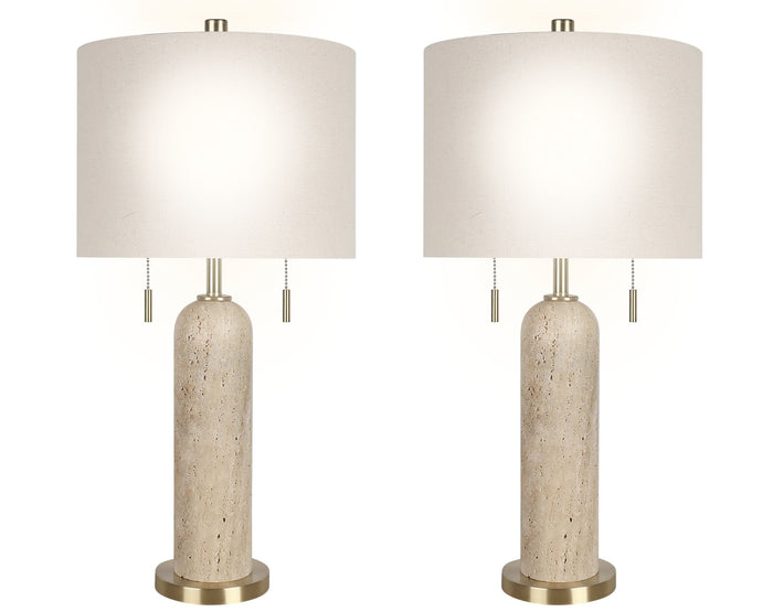 "Travertine Elegance" Travertine Table Lamp (Set of 2) - Travertine / Soft Gold